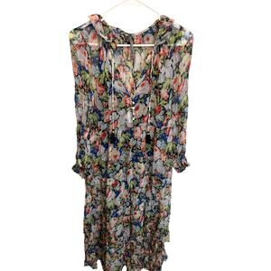 Anthropologie Floral Maxi Dress XS Boho Sheer Lined V-Neck Tassel Ruffle Trim